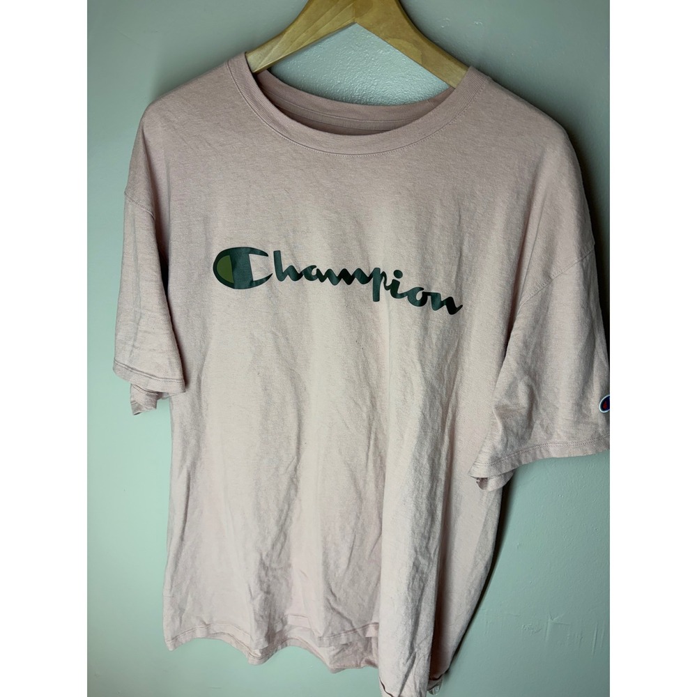 Champion Mens XL T-Shirt Salmon Pink Camo Script Logo Graphic Crewneck Tee